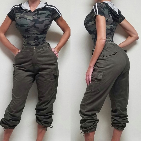 Vintage Pants - Vintage 1990s Carolina Blues Army Green Khaki Cargo Cropped Ankle Tie Pants